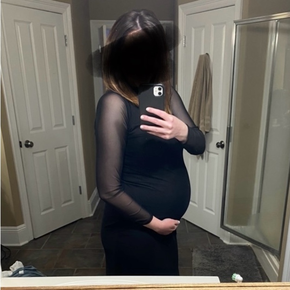 Boohoo maternity high neck mesh midaxi dress (size 8)
